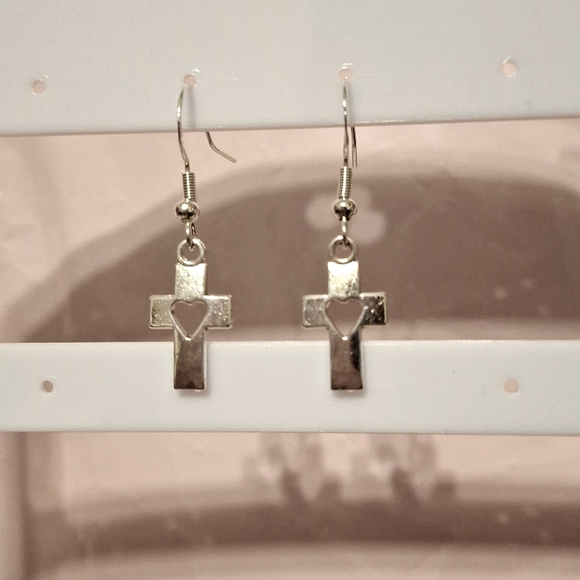 velvetreasurez Jewelry - Handcrafted Cross heart earrings Sterling silver hooks hypoallergenic 1.5in